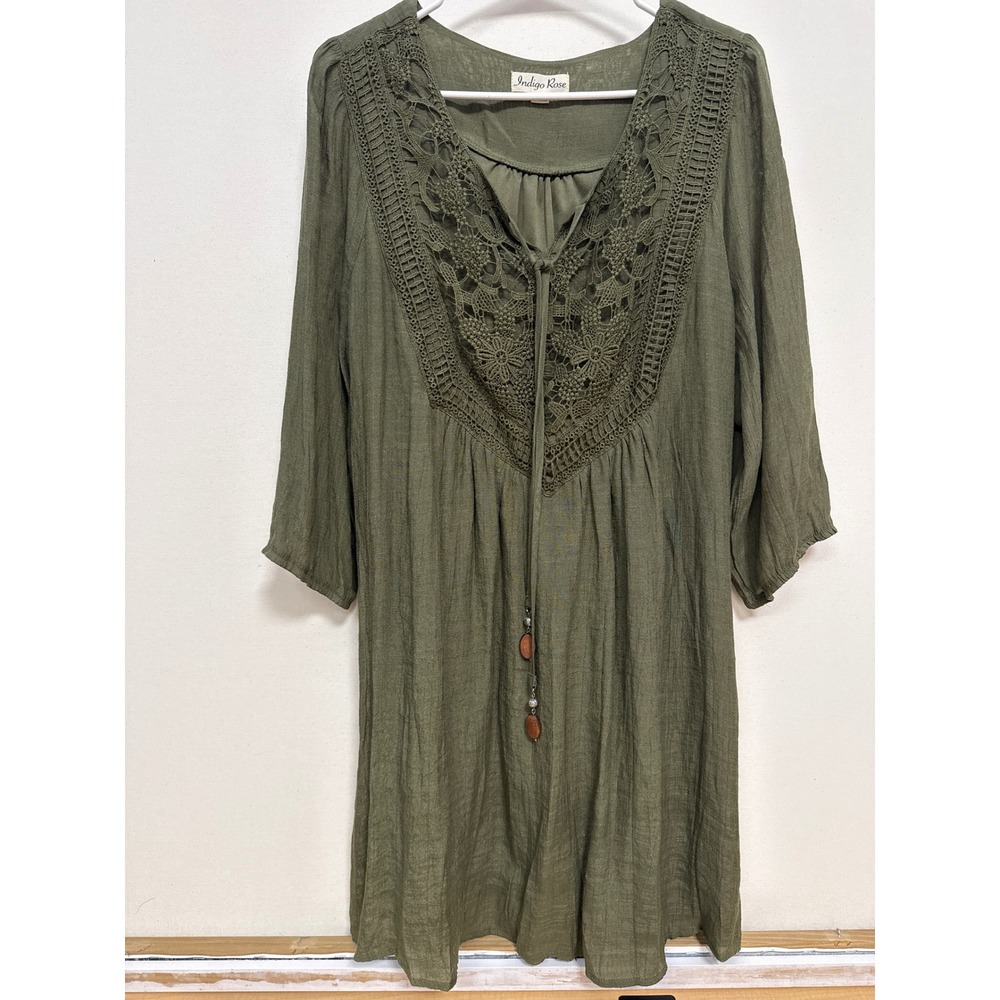 Indigo Rose Olive Green Crochet Lace Bib Tunic Dress Boho XL